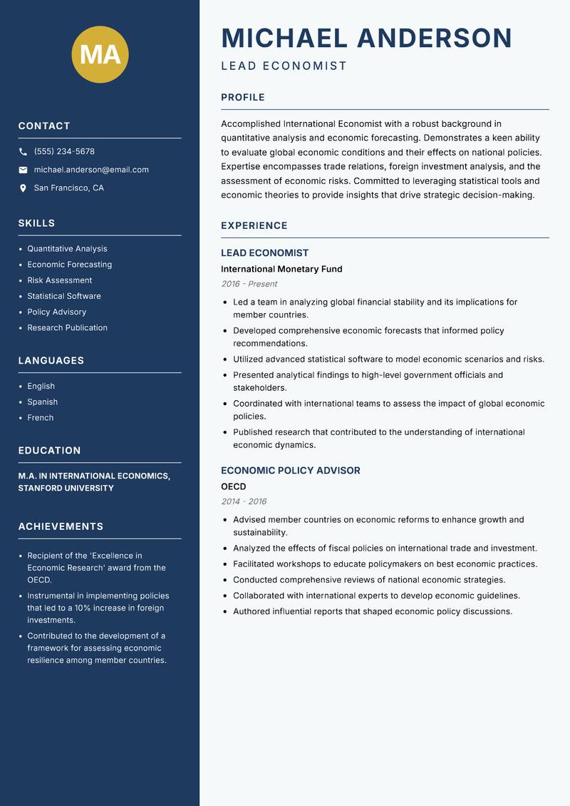International Economist resume template — Classic Clean