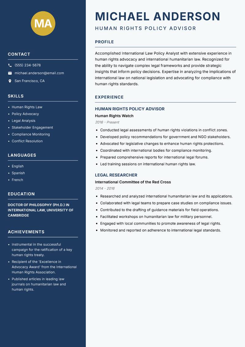 International Law Policy Analyst resume template — Classic Clean