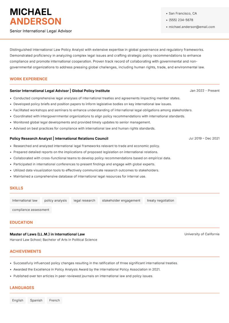 International Law Policy Analyst resume template — Modern Professional
