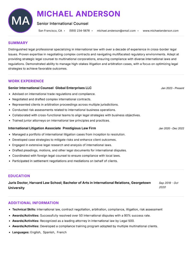 International Lawyer resume example — ATS-friendly template