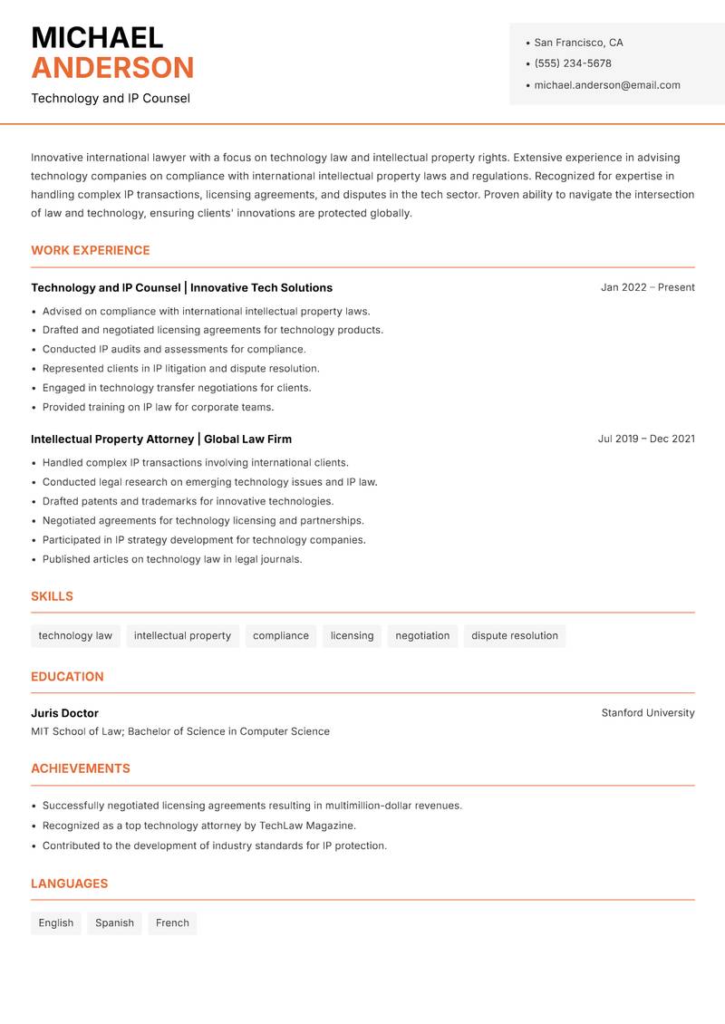 International Lawyer resume template — Modern Professional
