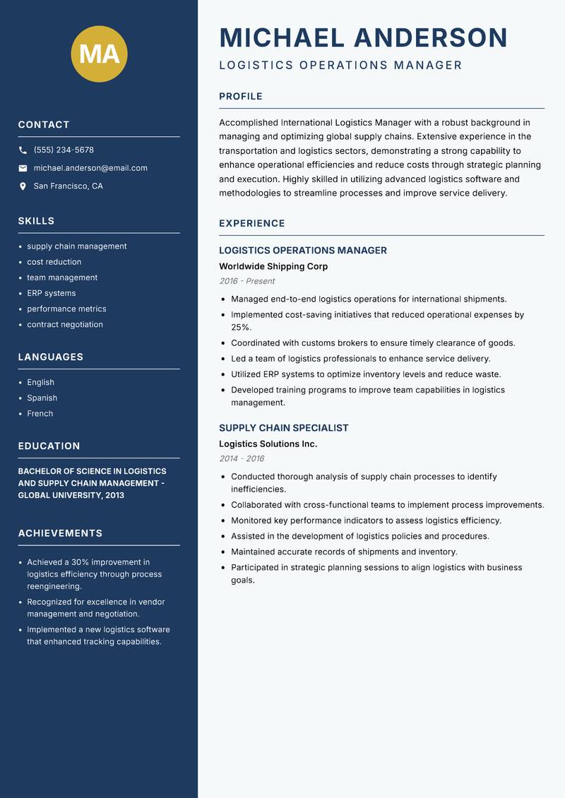 International Logistics Manager resume template — Classic Clean