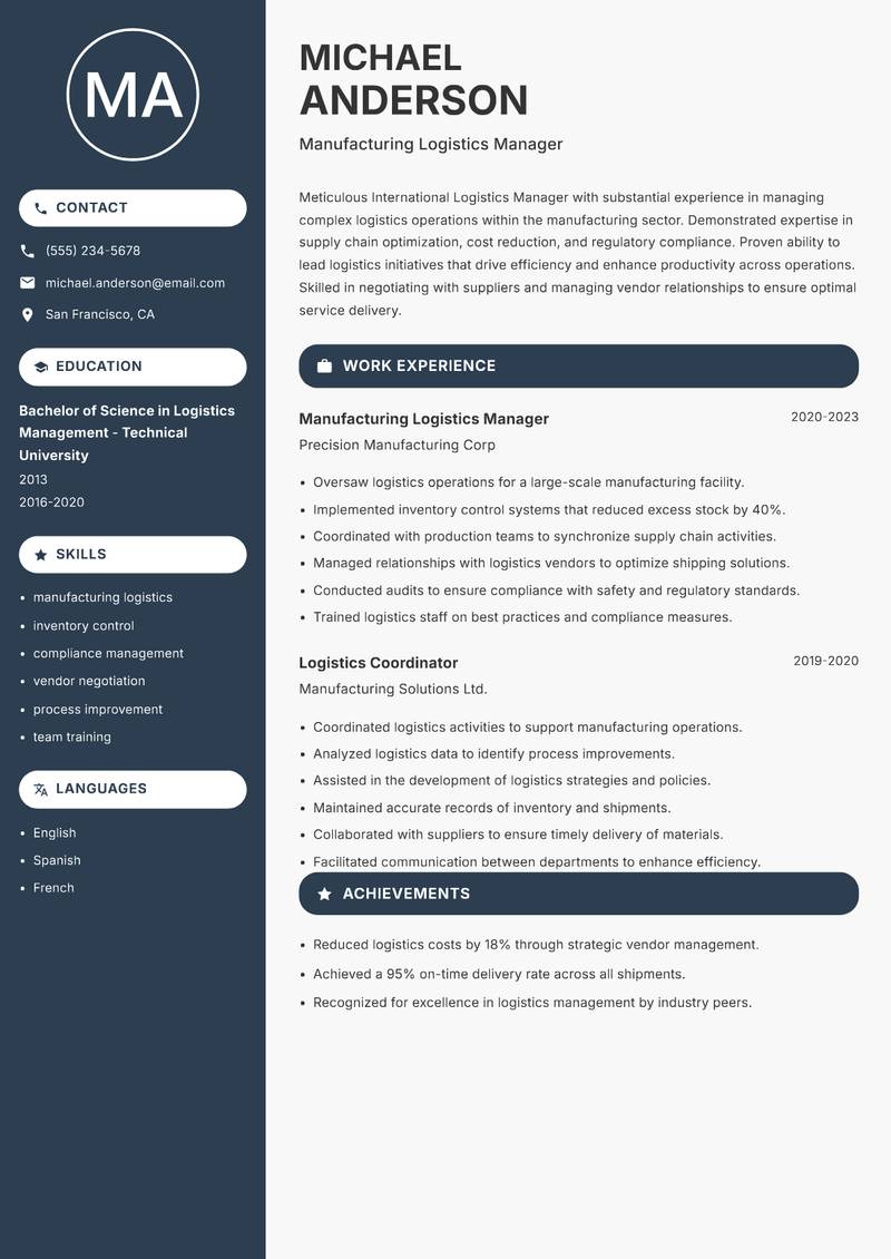 International Logistics Manager resume template — Compact