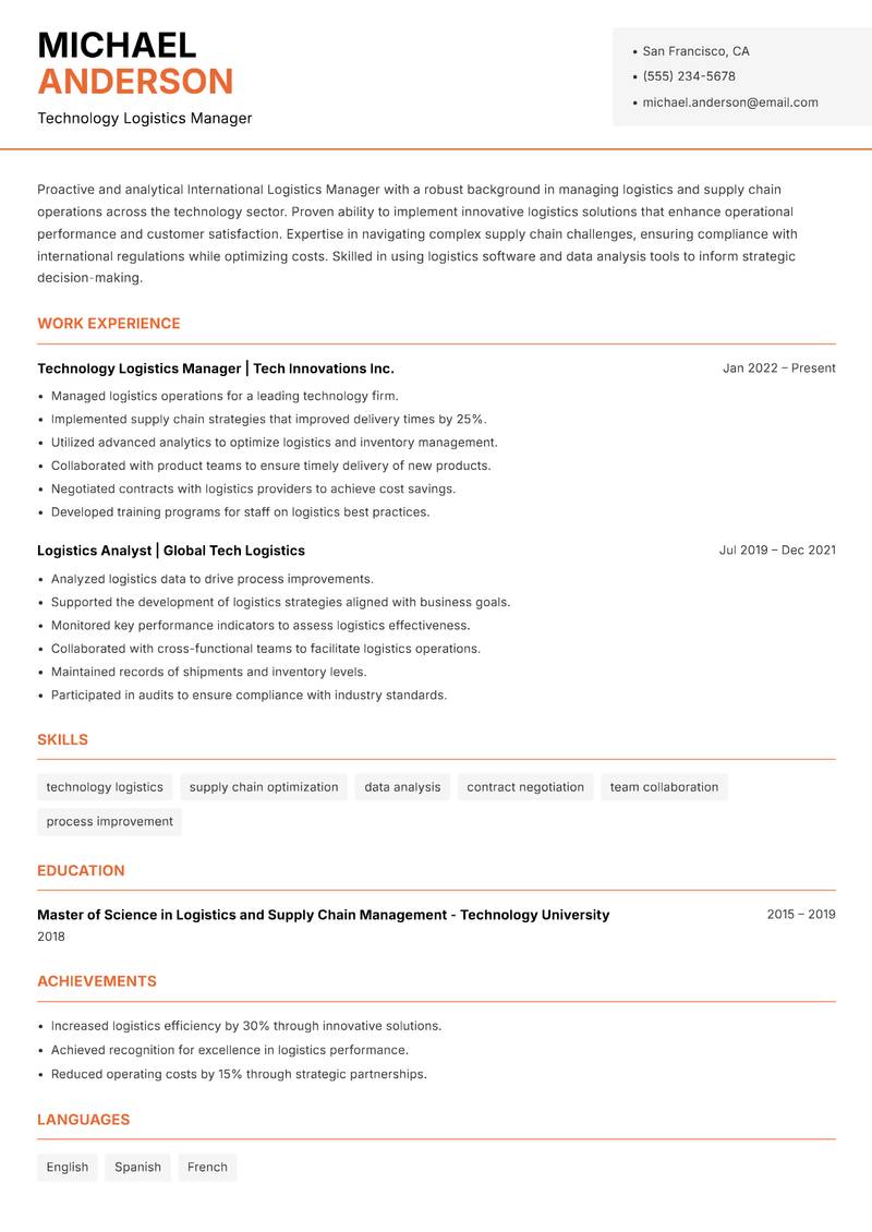 International Logistics Manager resume template — Modern Professional