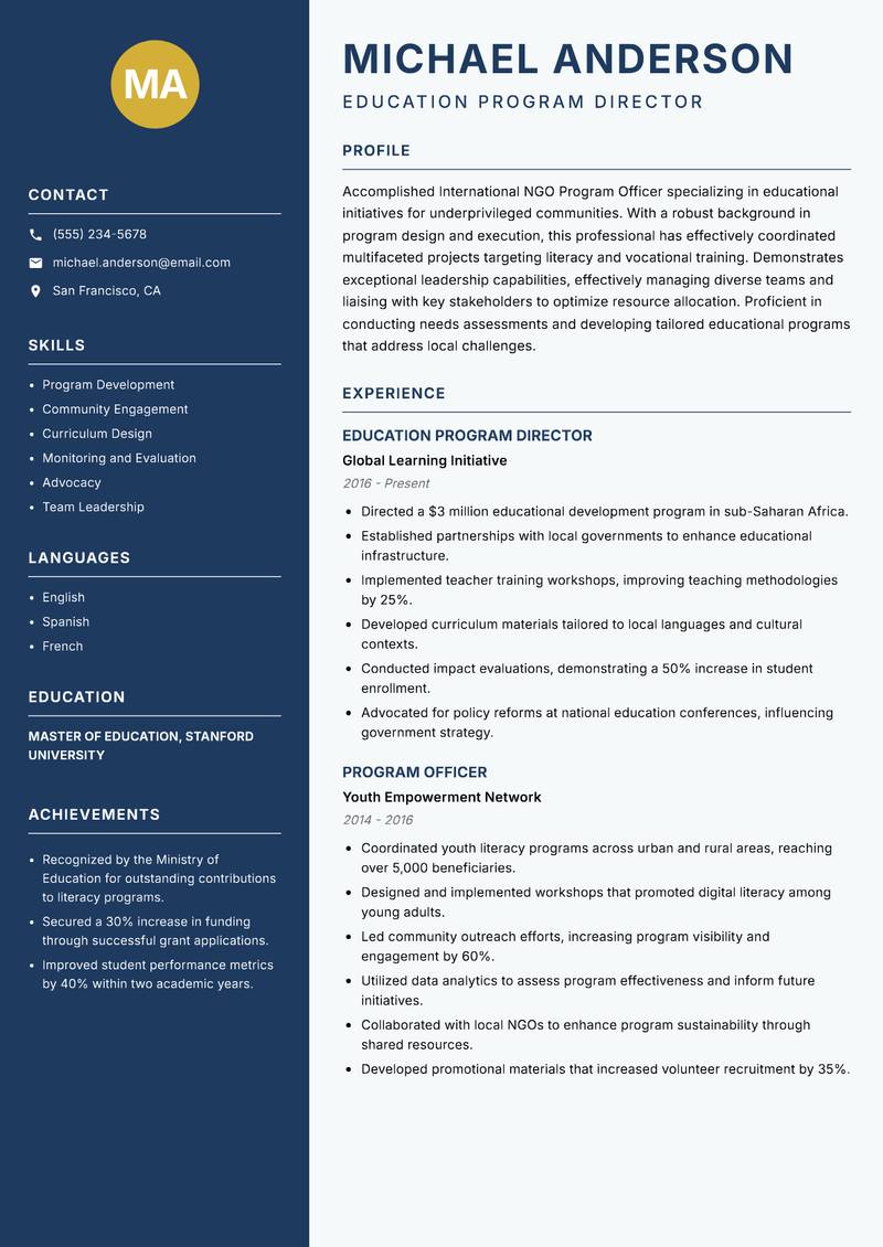 International NGO Program Officer resume template — Classic Clean