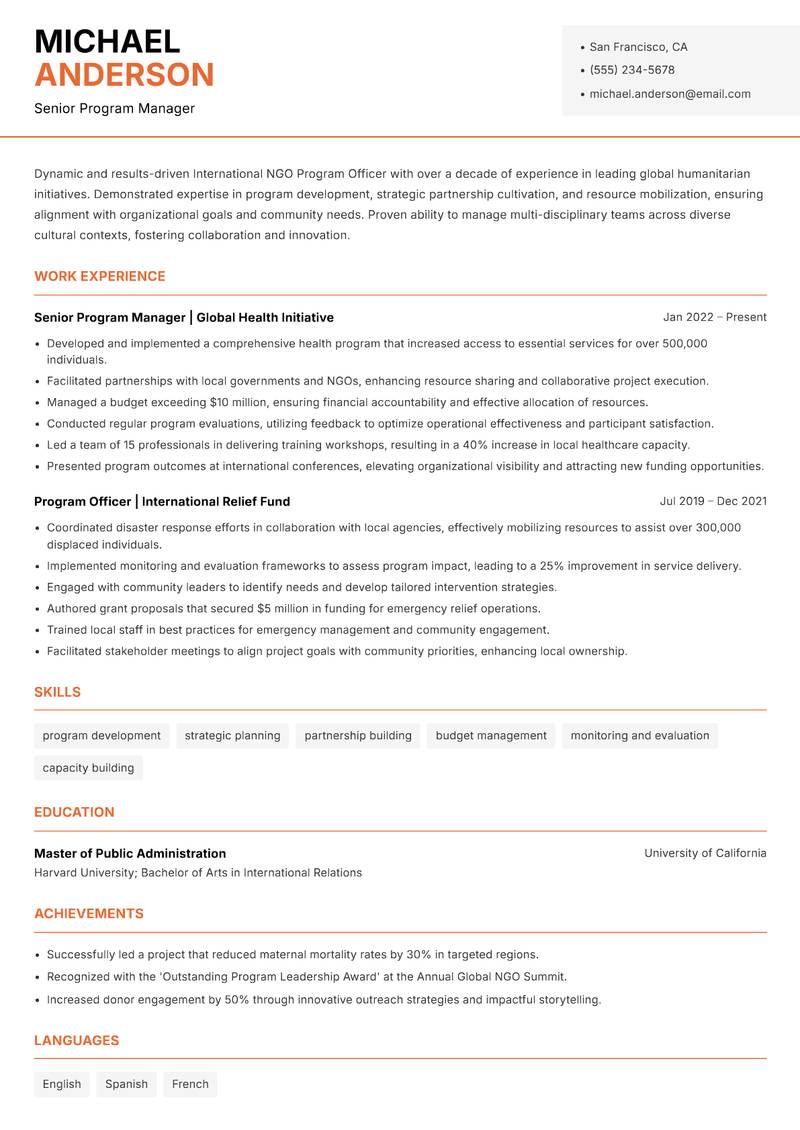 International NGO Program Officer resume template — Modern Professional