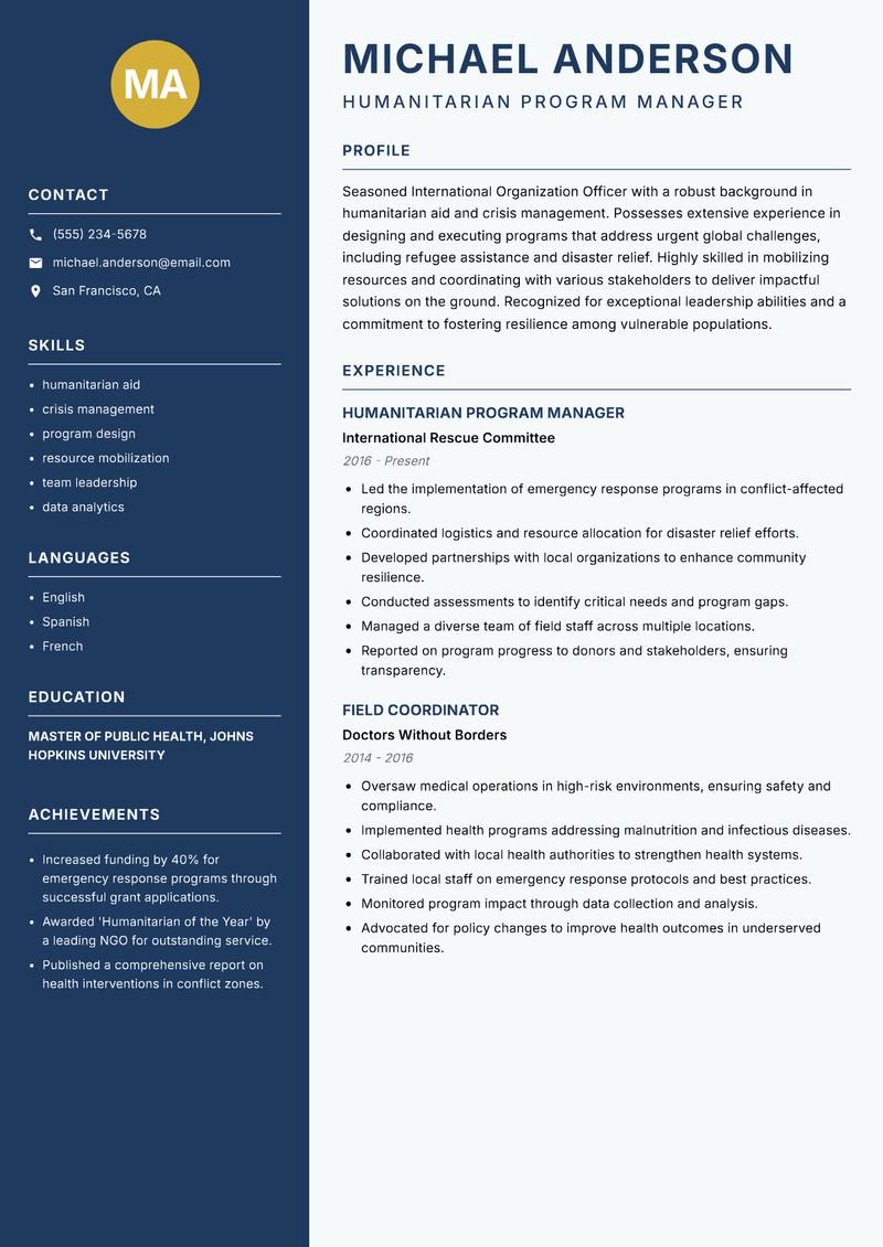 International Organization Officer resume template — Classic Clean