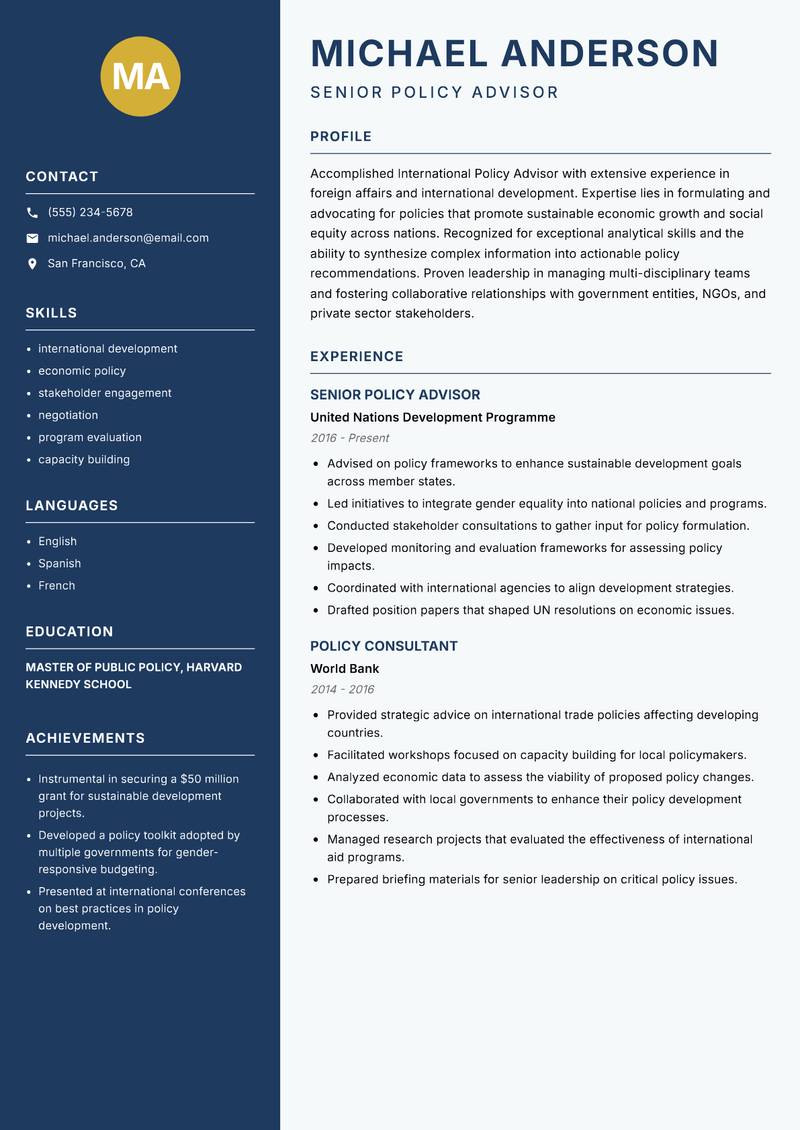 International Policy Advisor resume template — Classic Clean