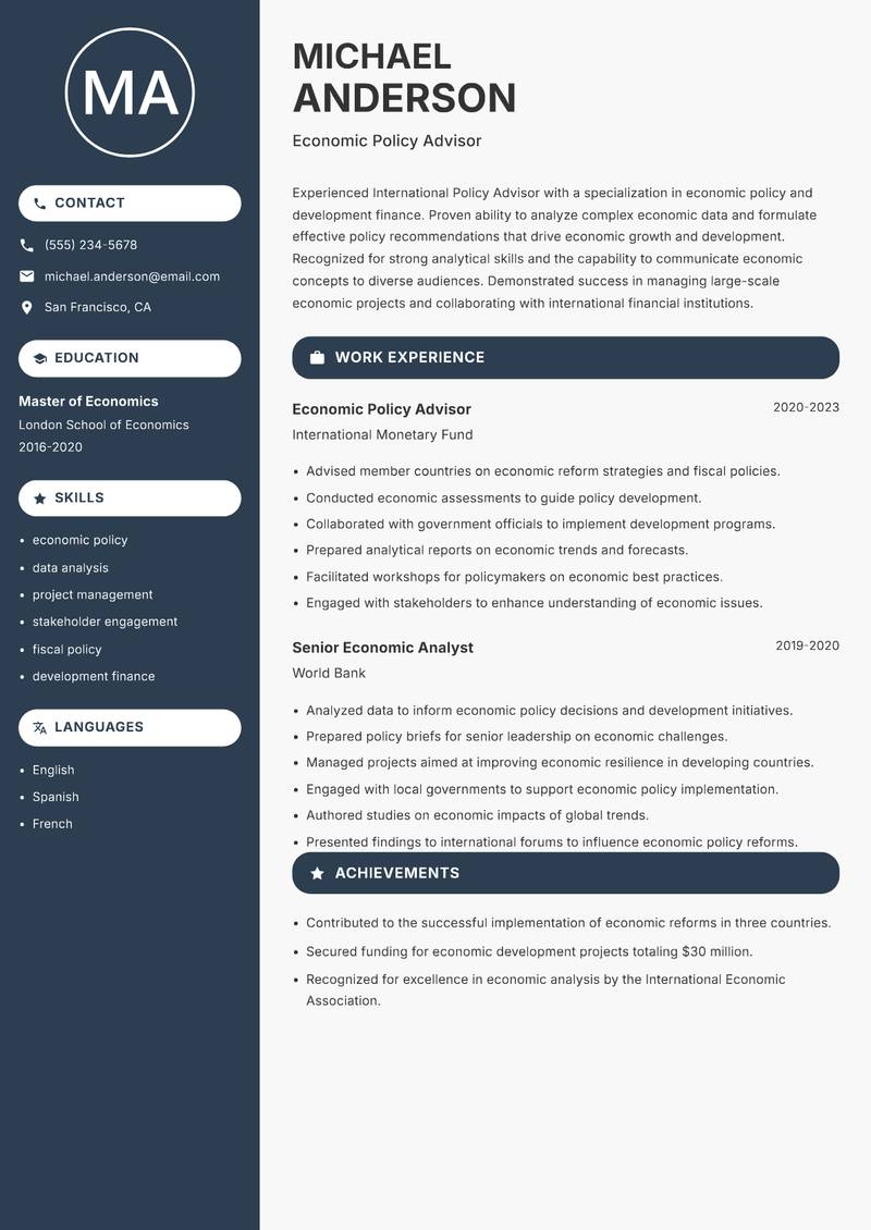 International Policy Advisor resume template — Compact