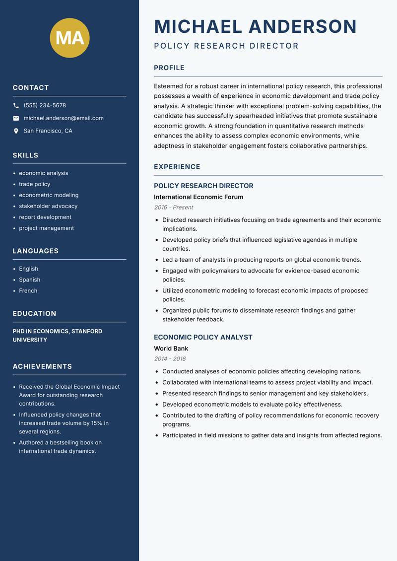 International Policy Researcher resume template — Classic Clean