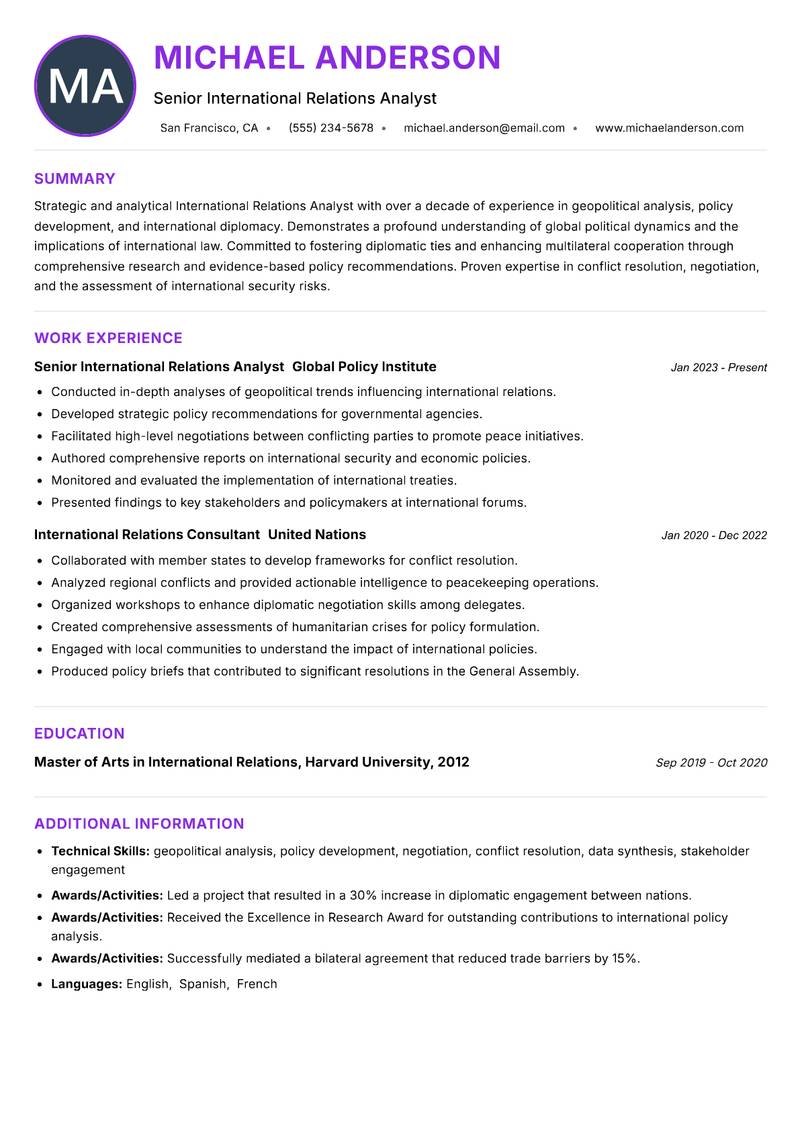 International Relations Analyst resume example — ATS-friendly template