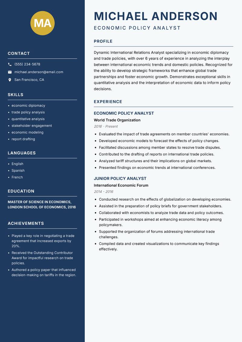 International Relations Analyst resume template — Classic Clean