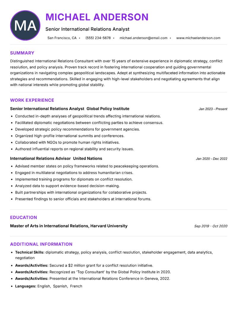 International Relations Consultant resume example — ATS-friendly template