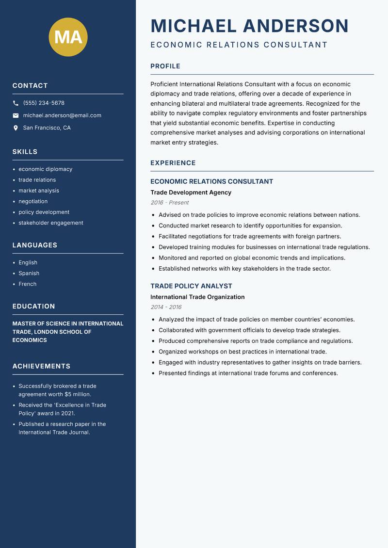 International Relations Consultant resume template — Classic Clean
