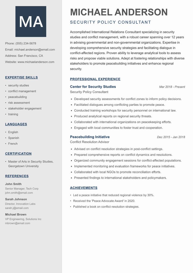 International Relations Consultant resume template — Creative Minimal