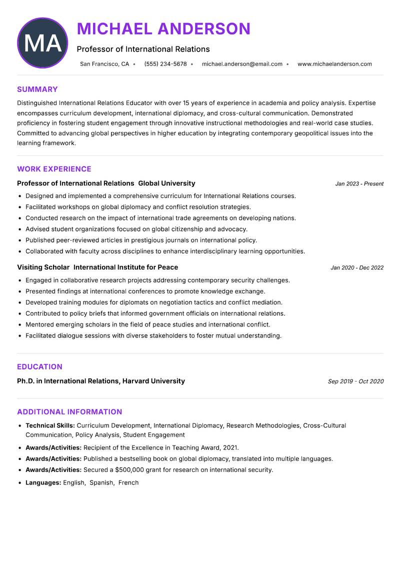International Relations Educator resume example — ATS-friendly template