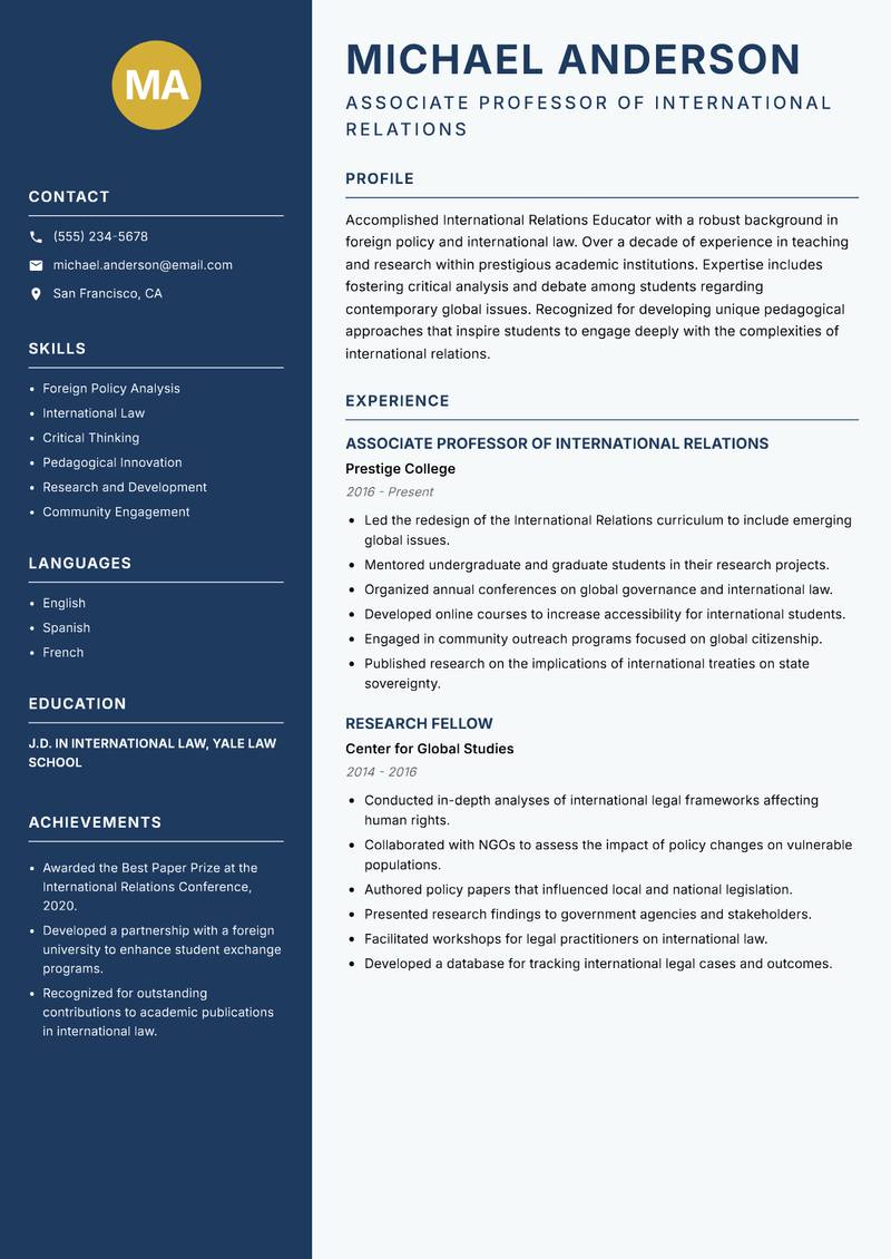International Relations Educator resume template — Classic Clean