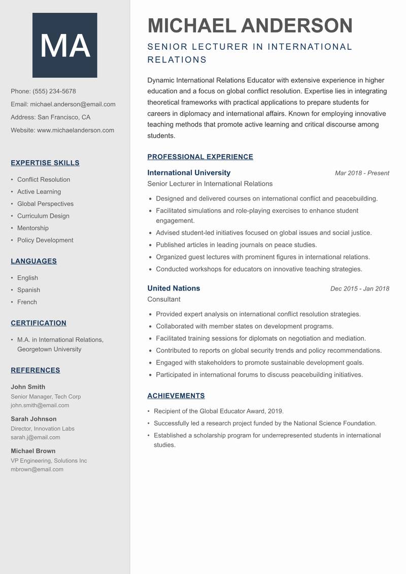 International Relations Educator resume template — Creative Minimal