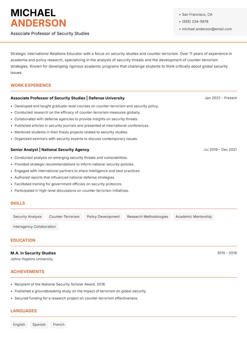 International Relations Educator resume template — Modern Professional