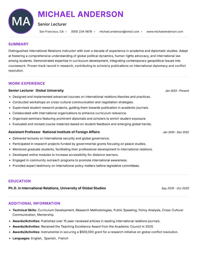 International Relations Instructor resume example — ATS-friendly template