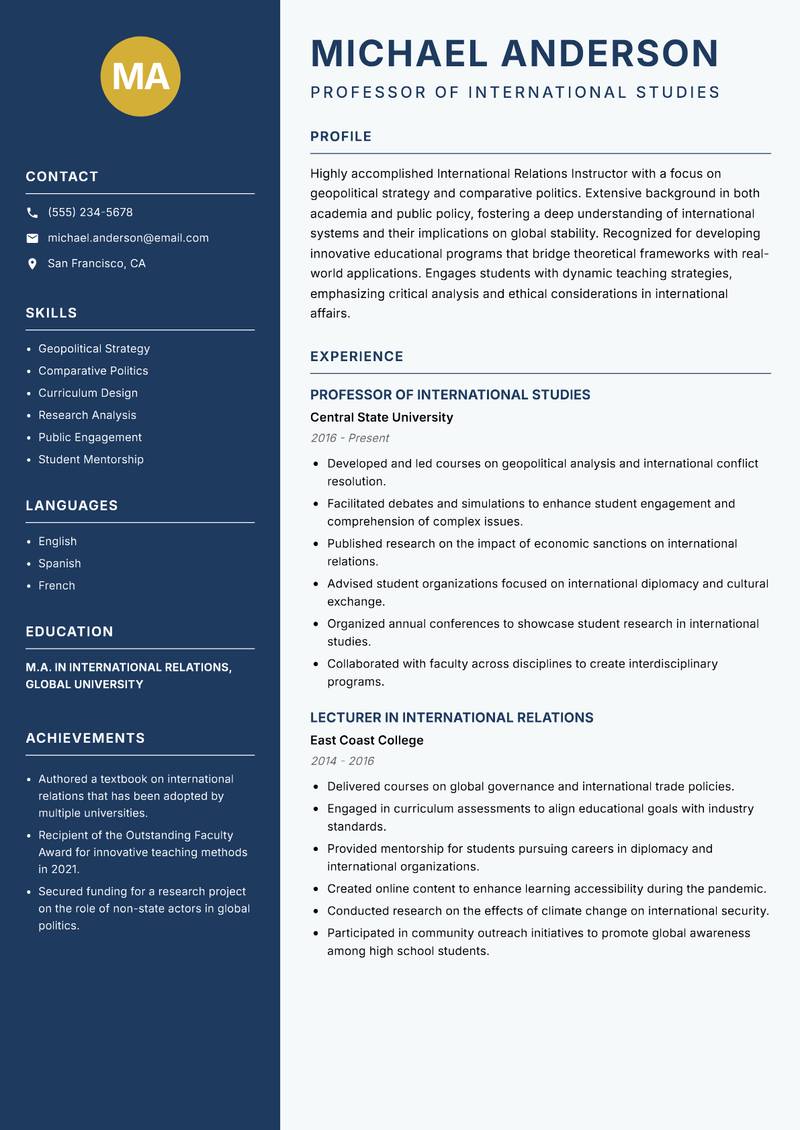 International Relations Instructor resume template — Classic Clean
