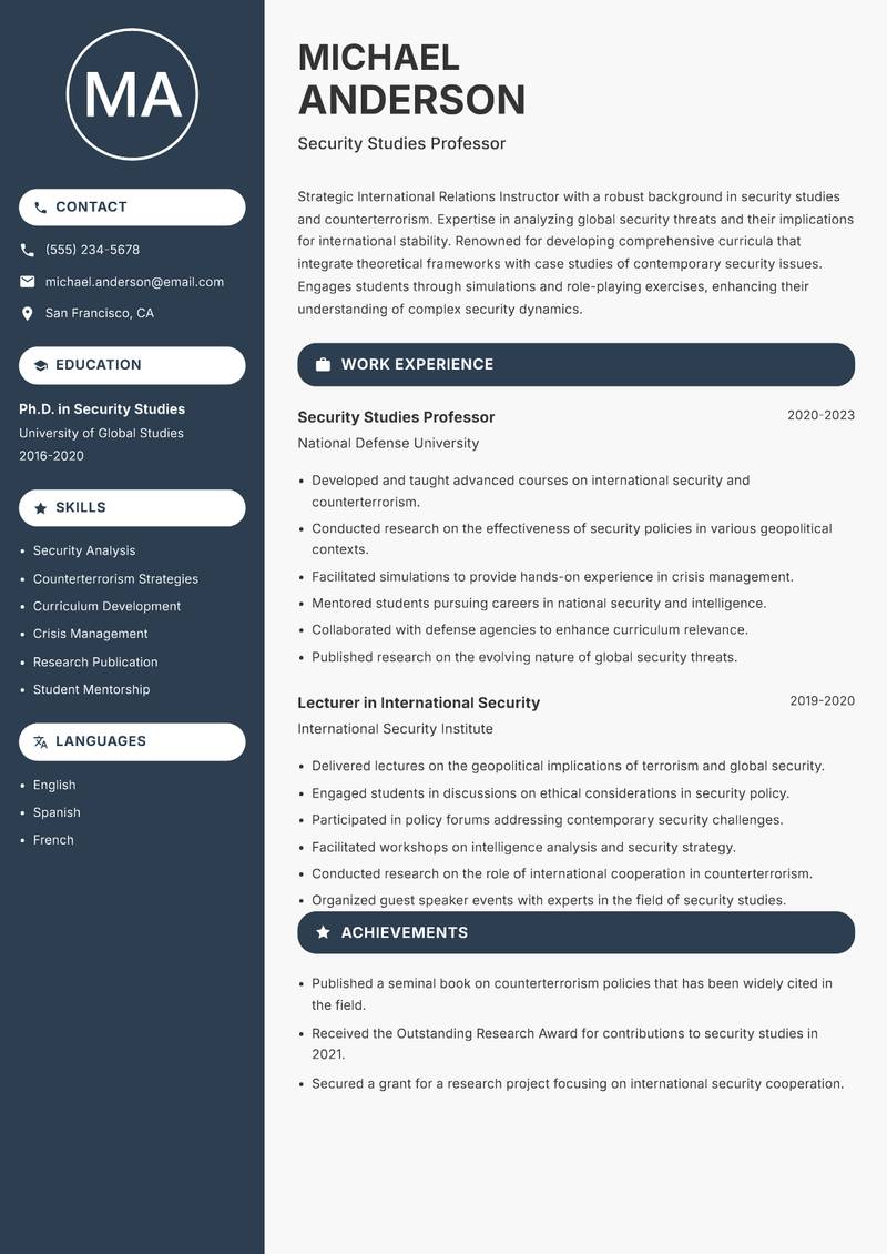 International Relations Instructor resume template — Compact