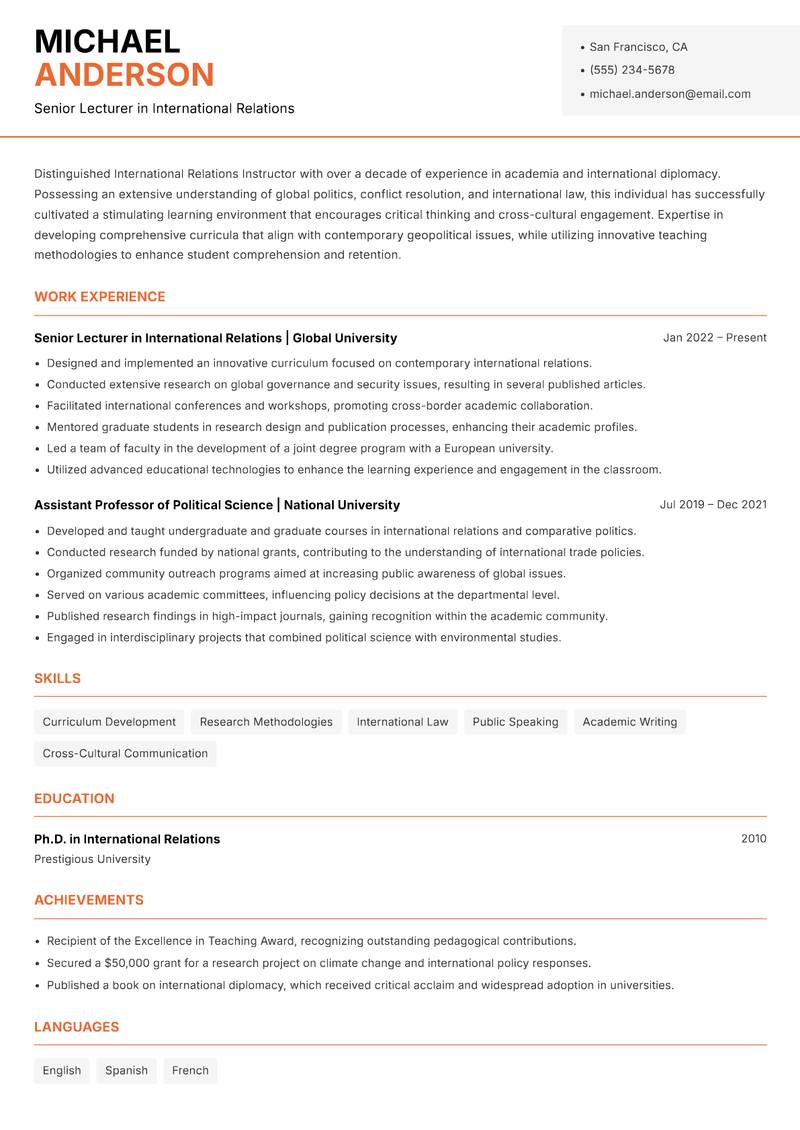 International Relations Instructor resume template — Modern Professional