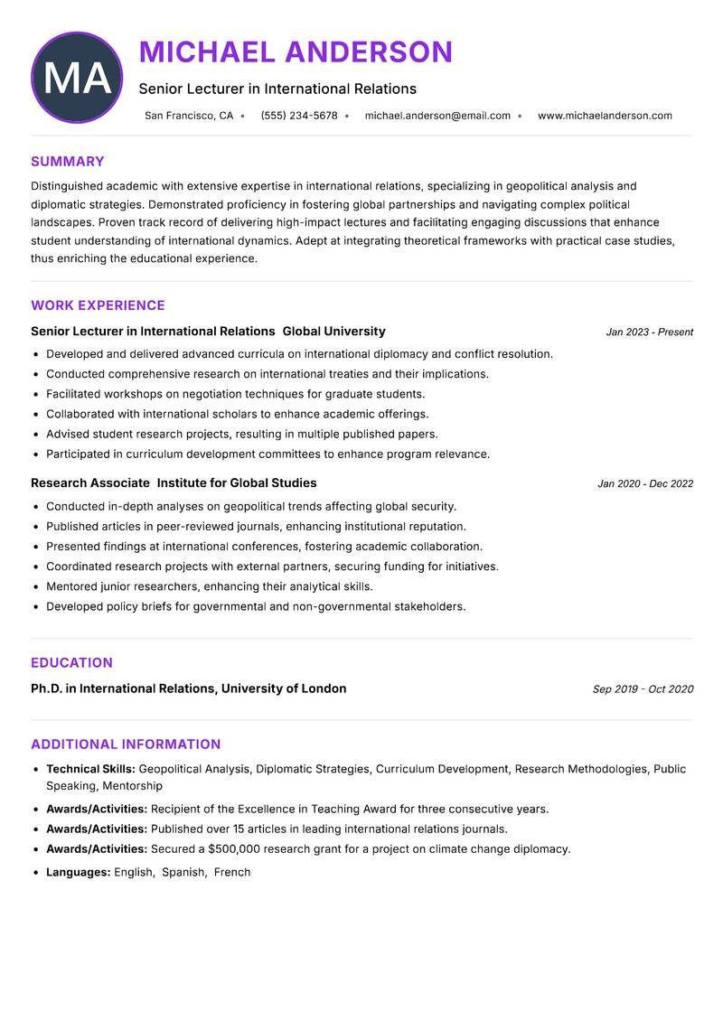 International Relations Lecturer resume example — ATS-friendly template