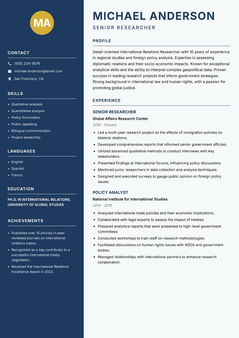 International Relations Researcher resume template — Classic Clean