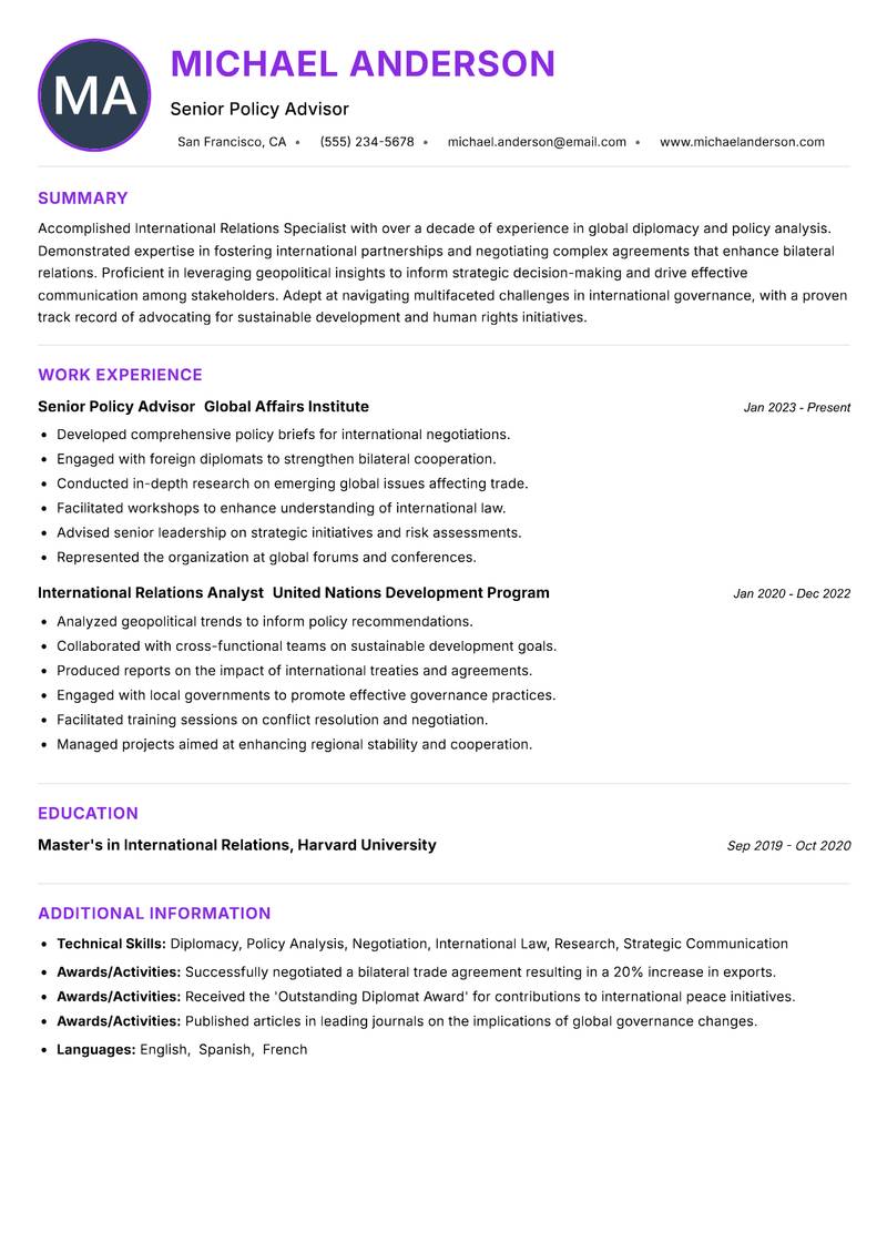 International Relations Specialist resume example — ATS-friendly template
