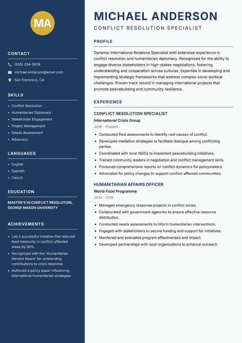 International Relations Specialist resume template — Classic Clean