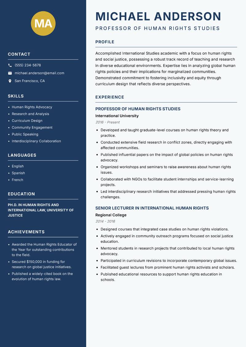 International Studies Professor resume template — Classic Clean