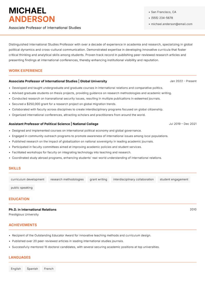 International Studies Professor resume template — Modern Professional