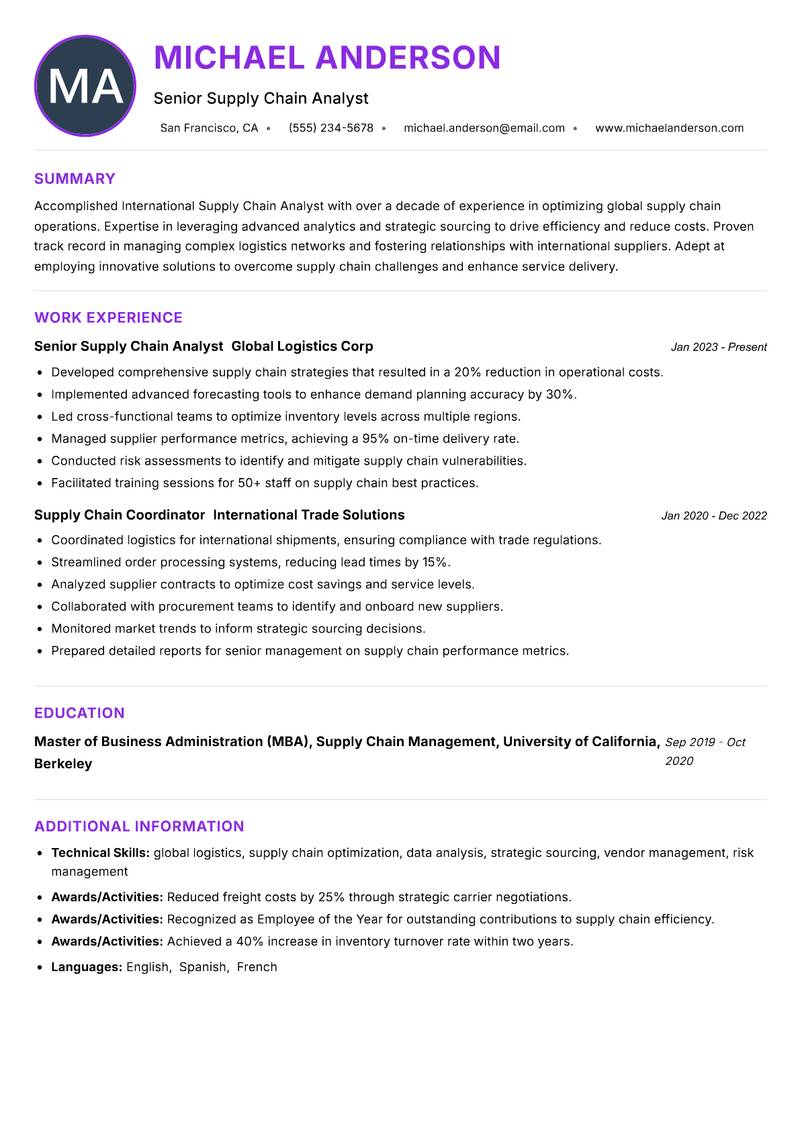 International Supply Chain Analyst resume example — ATS-friendly template