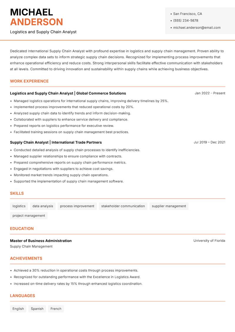 International Supply Chain Analyst resume template — Modern Professional