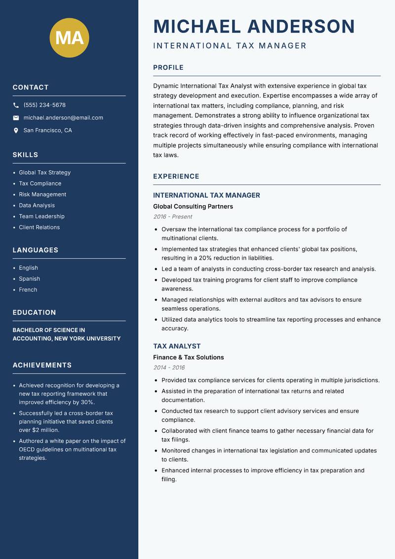 International Tax Analyst resume template — Classic Clean