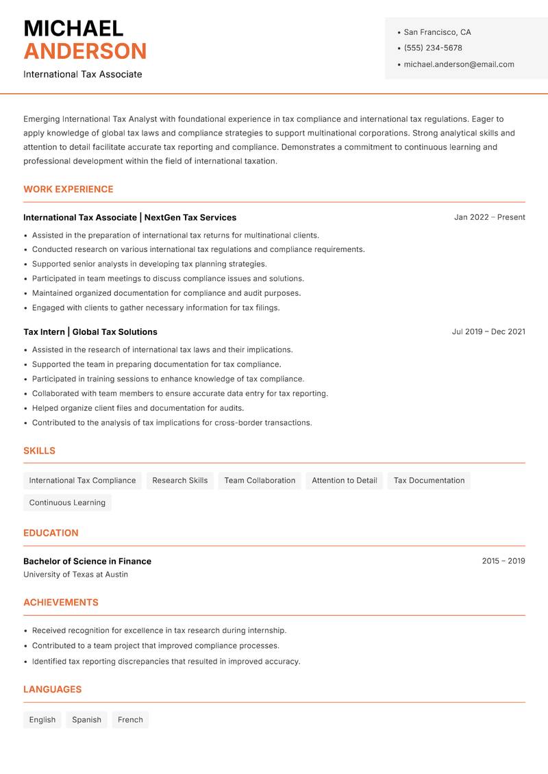 International Tax Analyst resume template — Modern Professional