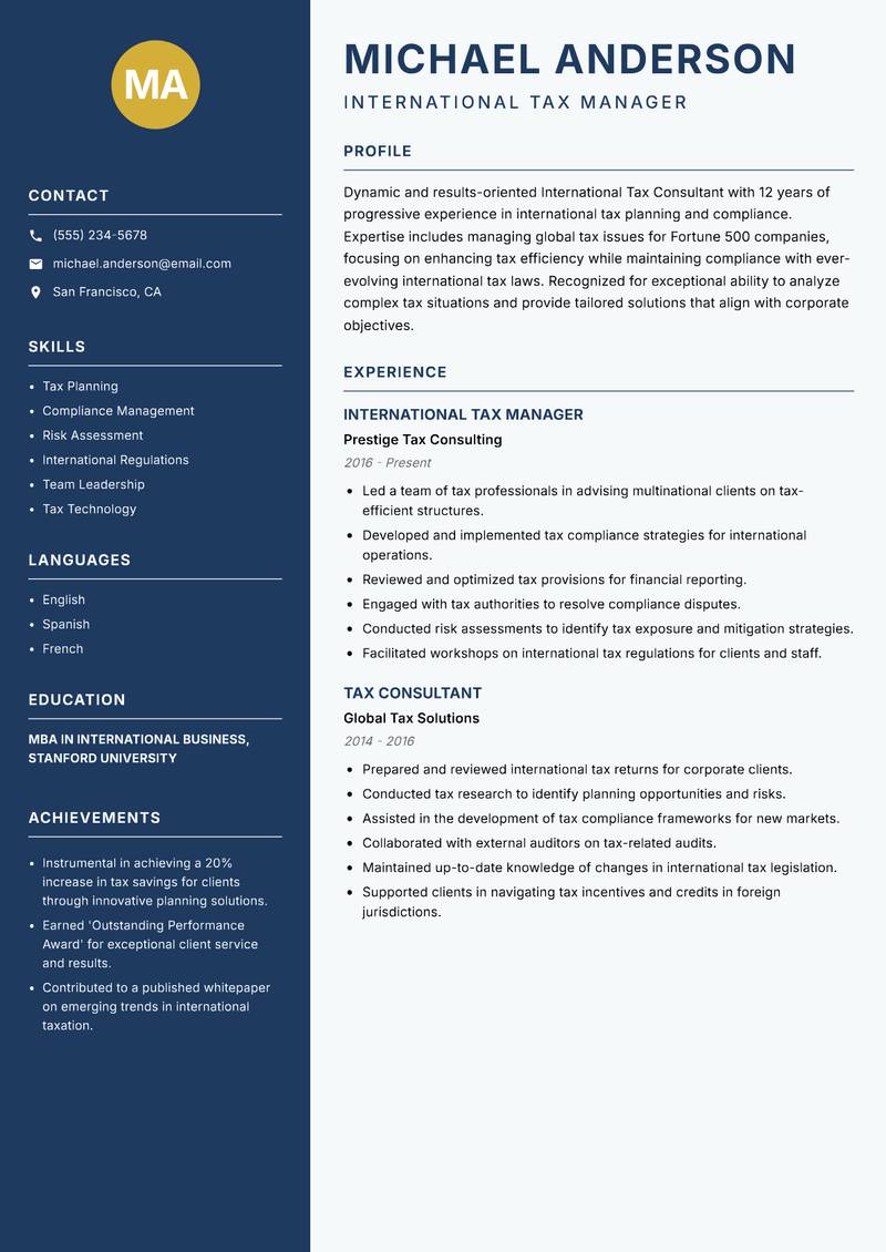 International Tax Consultant resume template — Classic Clean