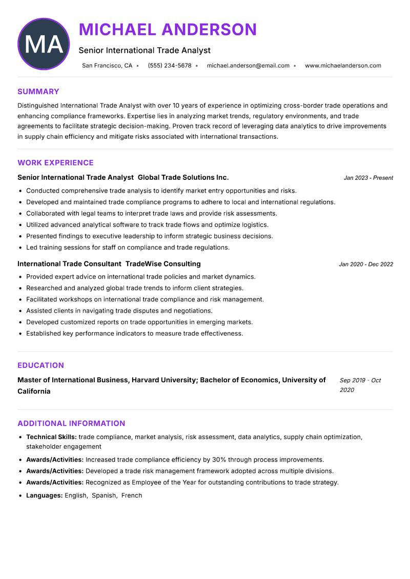 International Trade Analyst resume example — ATS-friendly template