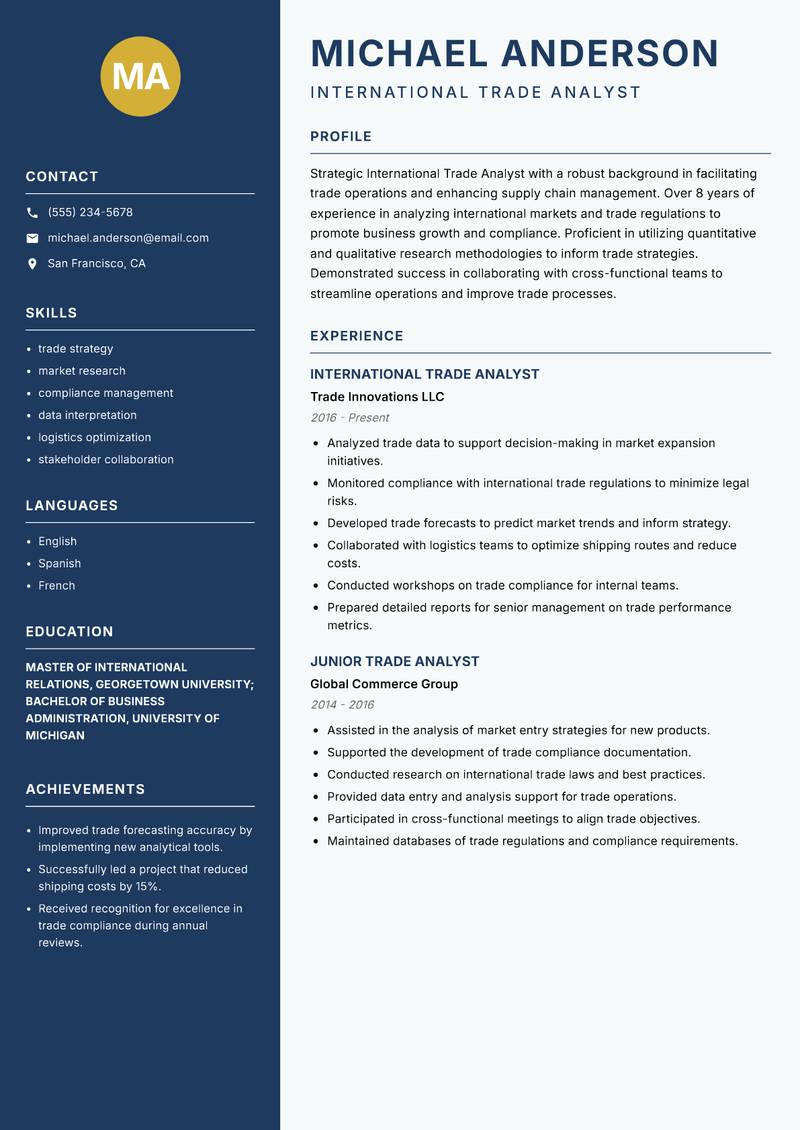 International Trade Analyst resume template — Classic Clean