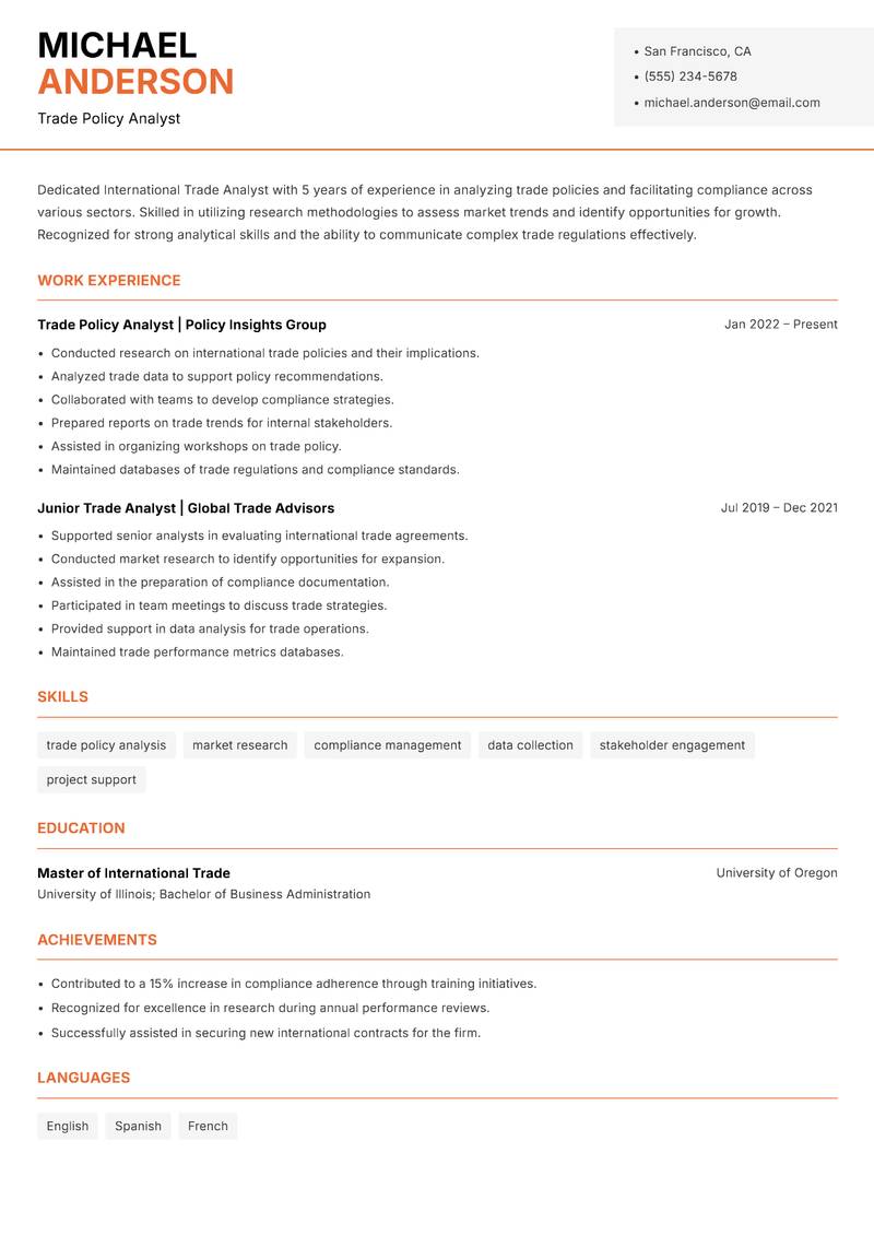International Trade Analyst resume template — Modern Professional