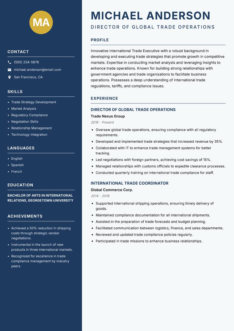 International Trade Executive resume template — Classic Clean