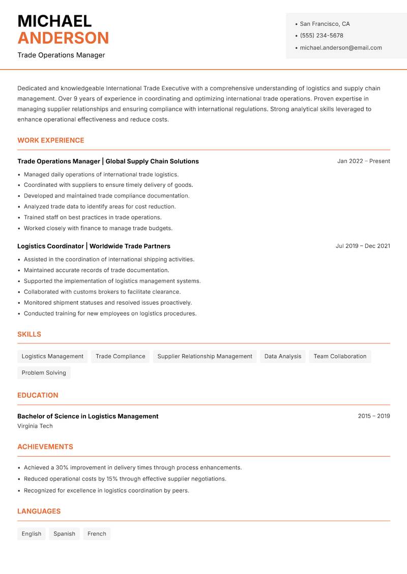 International Trade Executive resume template — Modern Professional