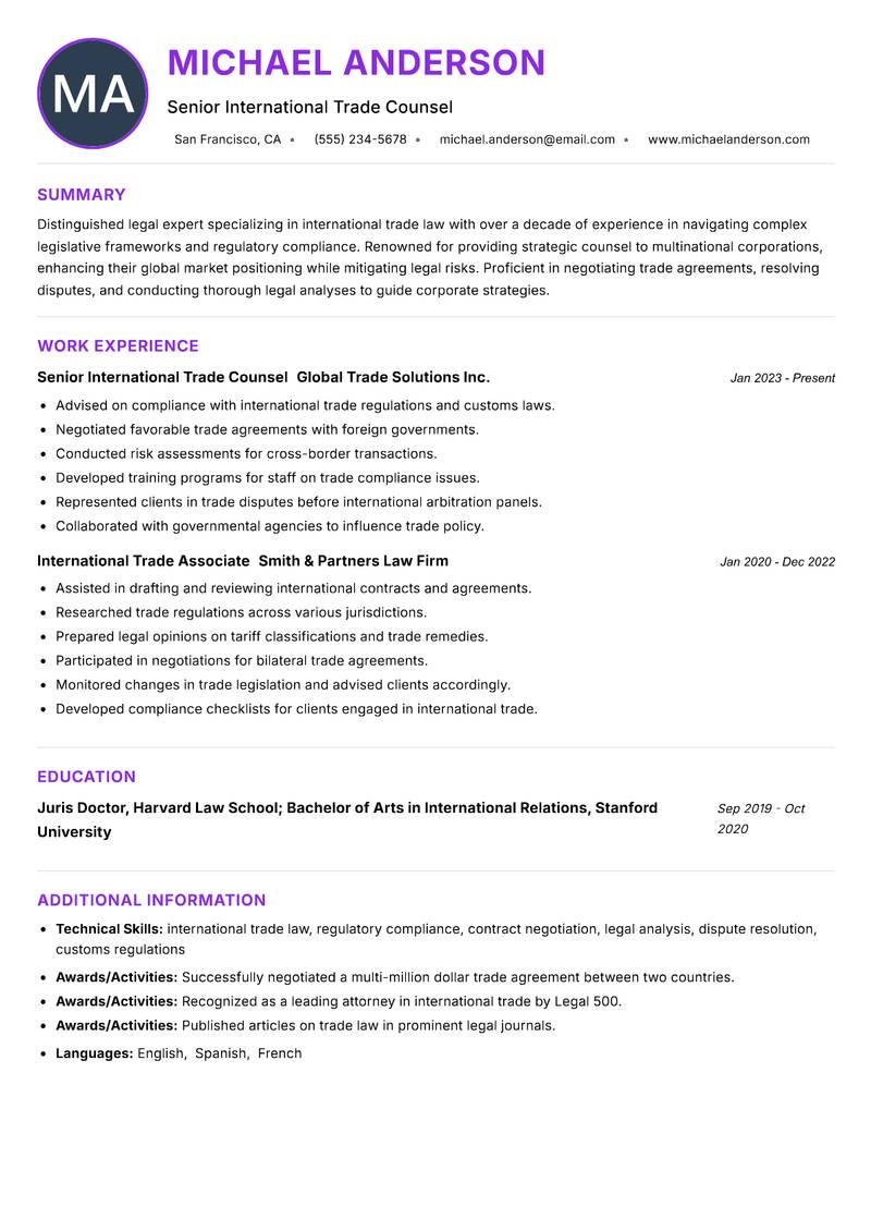 International Trade Lawyer resume example — ATS-friendly template