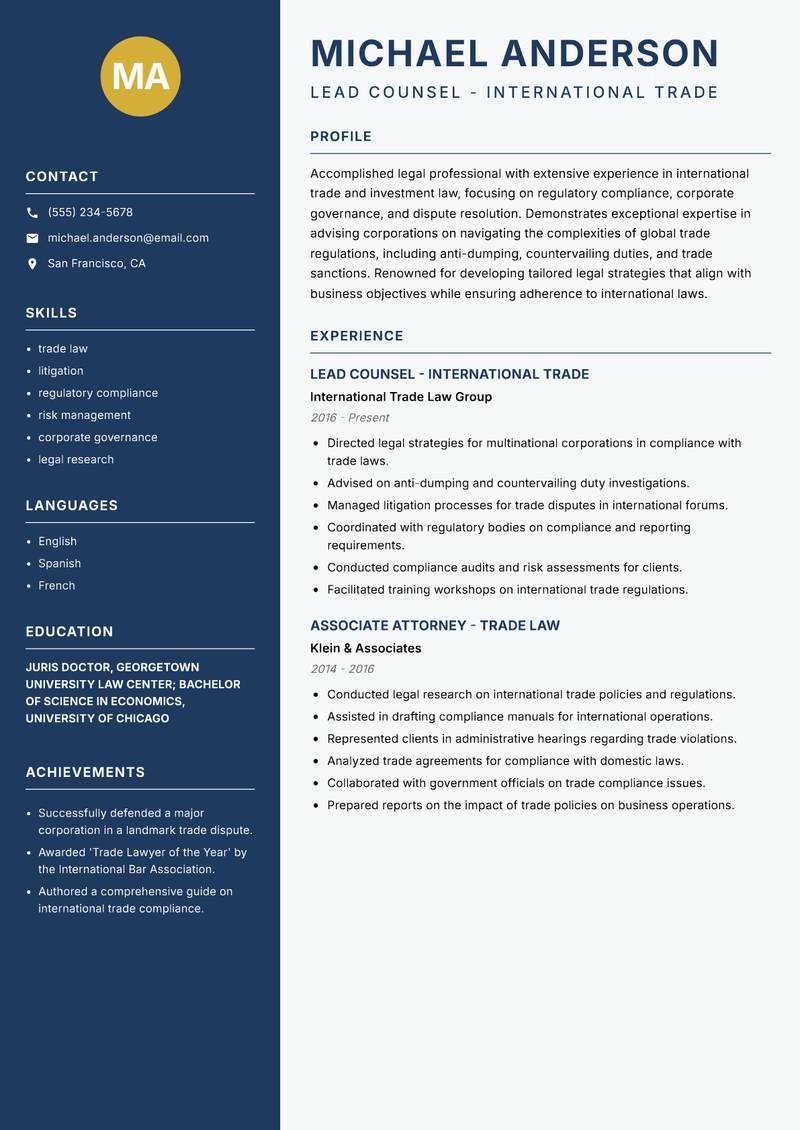 International Trade Lawyer resume template — Classic Clean
