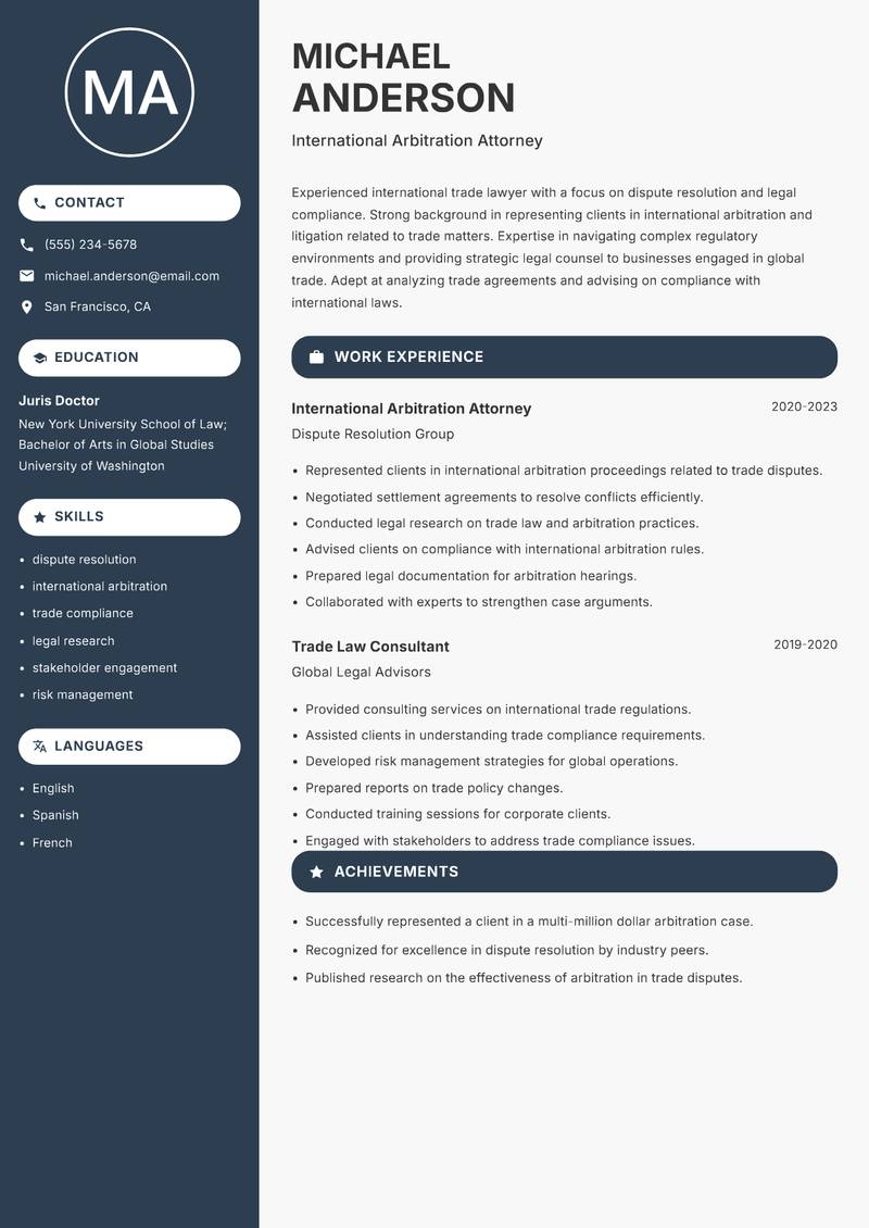 International Trade Lawyer resume template — Compact
