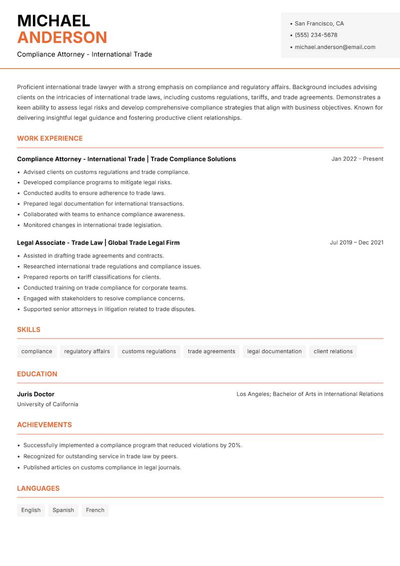 International Trade Lawyer resume template — Modern Professional