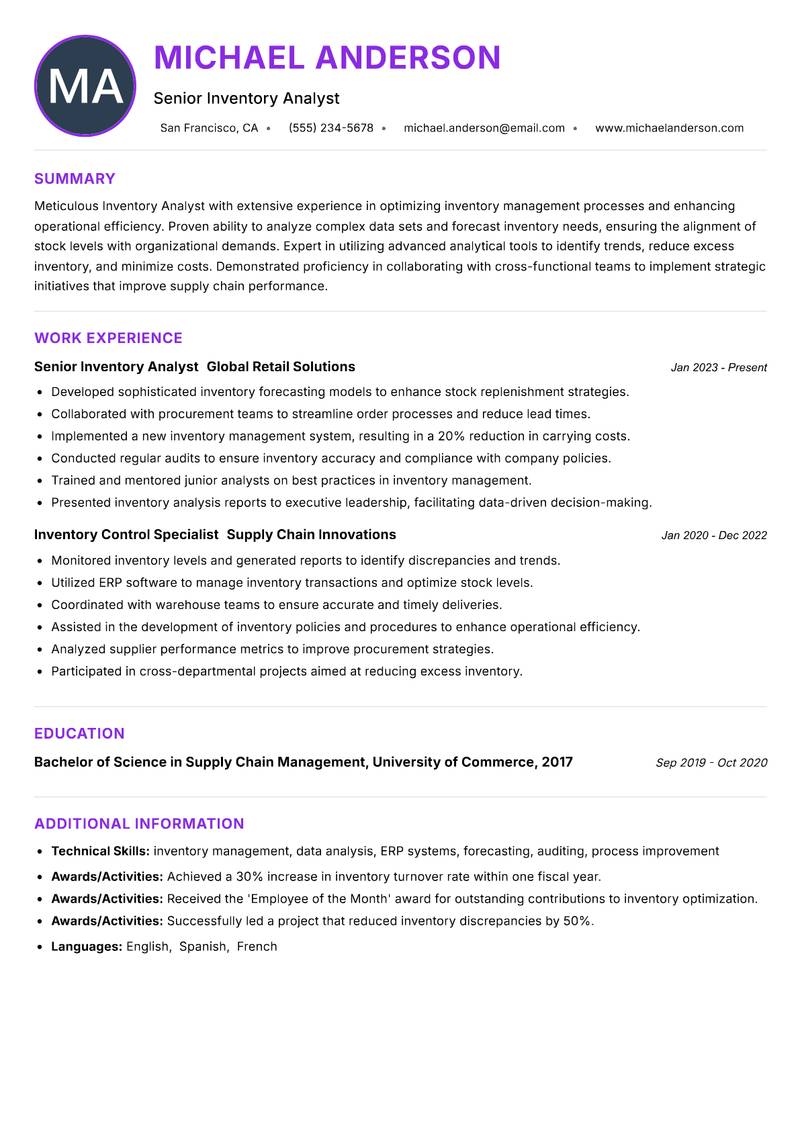 Inventory Analyst resume example — ATS-friendly template