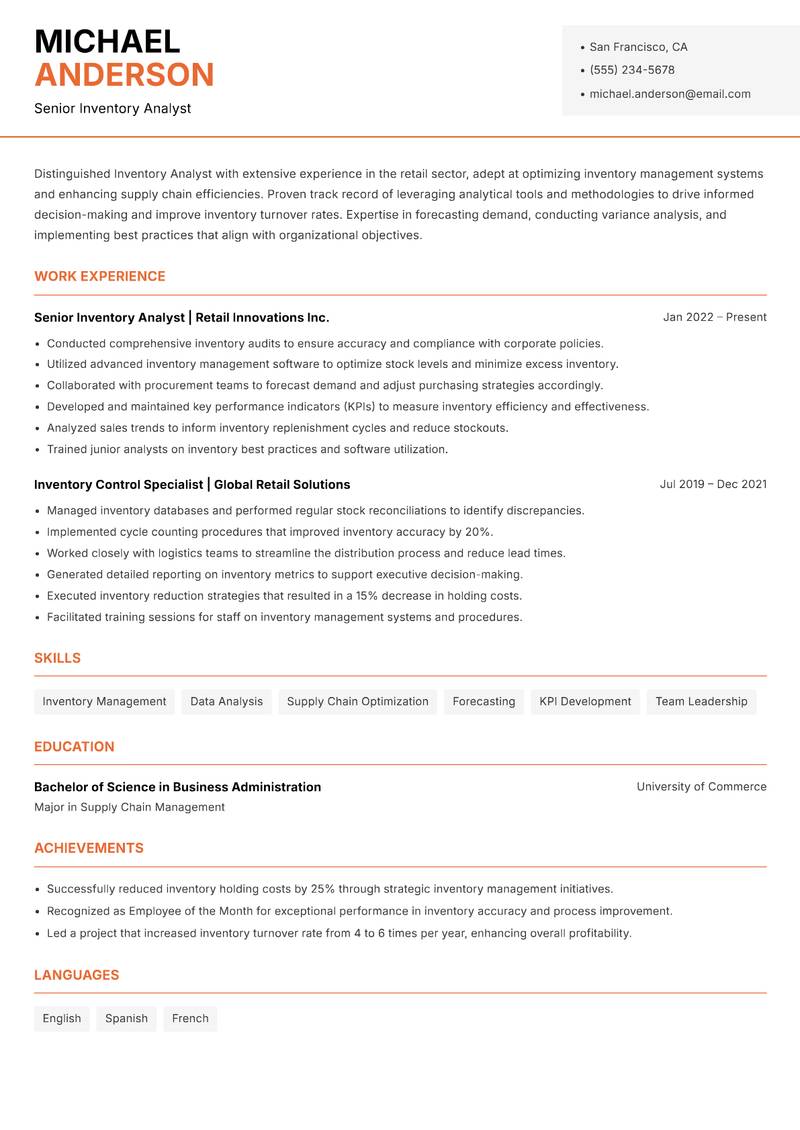 Inventory Analyst Retail resume template — Modern Professional