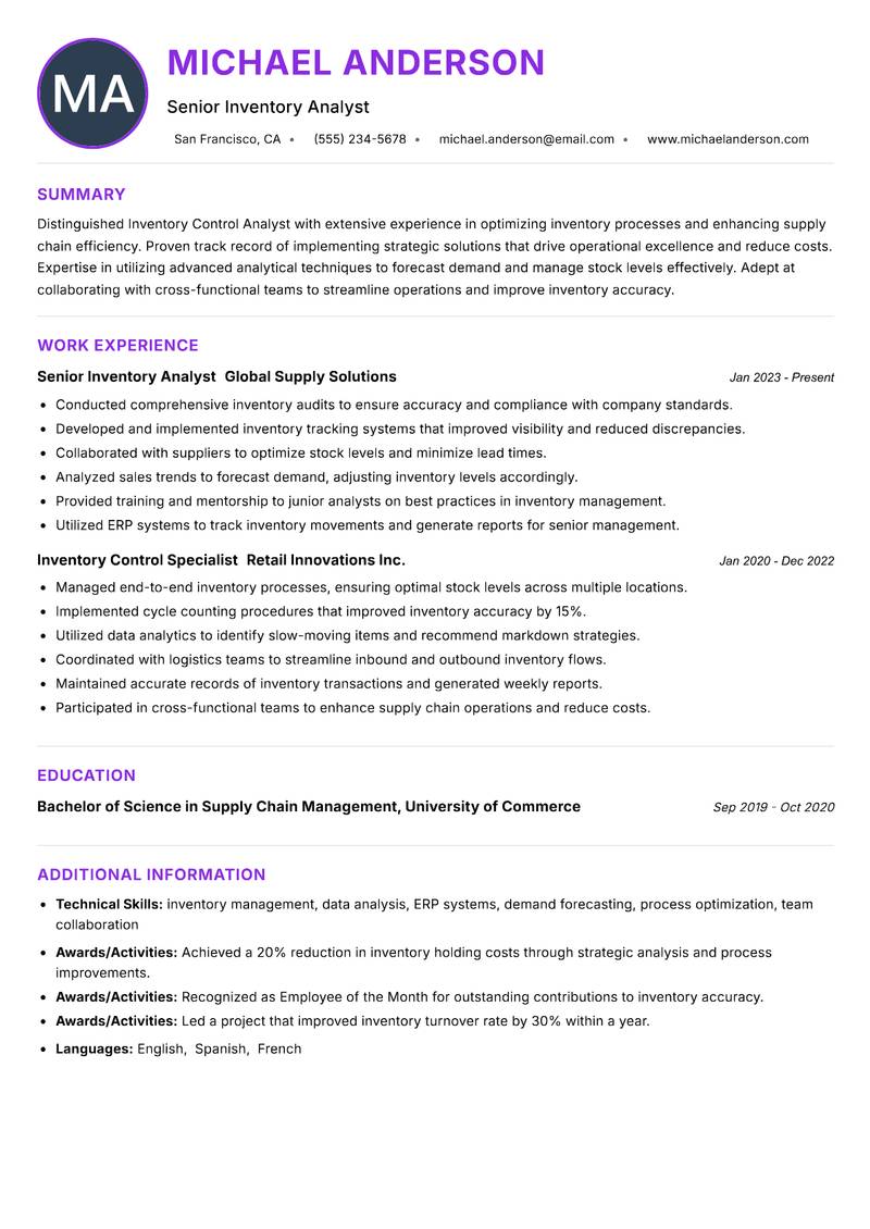 Inventory Control Analyst resume example — ATS-friendly template